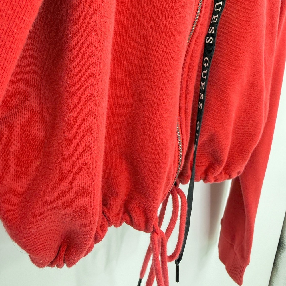 Guess Red Cropped Zip Up Hoodie Long Sleeve Drawstring Hem Logo Graphic Large - Picture 6 of 12
